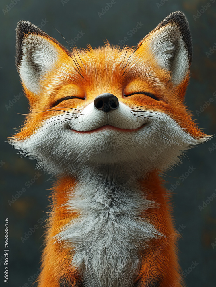 Fototapeta premium Adorable Fox Character with Radiant Orange Fur on Dark Background, Radiating Joy and Warmth, 3D Render