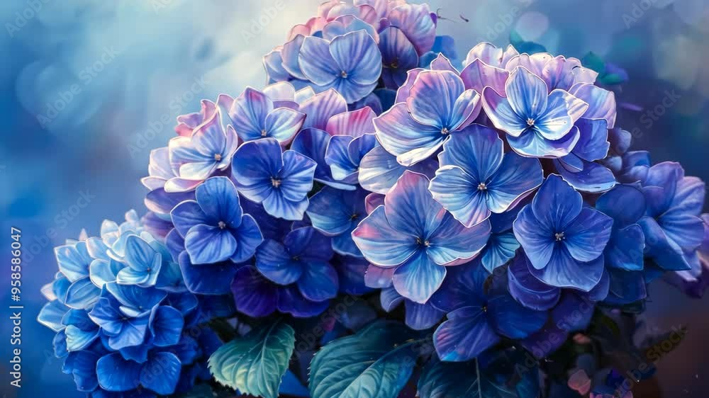 Hydrangea flowers bloom beautifully in vibrant colors with morning dew at sunrise Hydrangea flowers bloom beautifully in vibrant colors with morning dew at sunrise