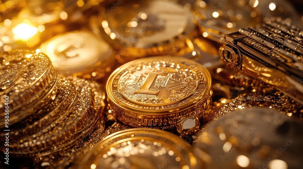 A close-up view of shiny gold coins, showcasing their intricate designs and luxurious appearance, perfect for wealth-themed projects. A close-up view of shiny gold coins, showcasing their intricate designs and luxurious appearance, perfect for wealth-themed projects.