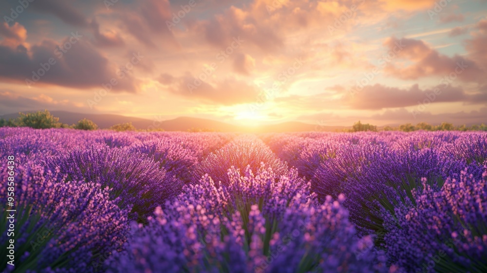 Lavender Field Sunset Golden Hour Landscape Lavender Field Sunset Golden Hour Landscape