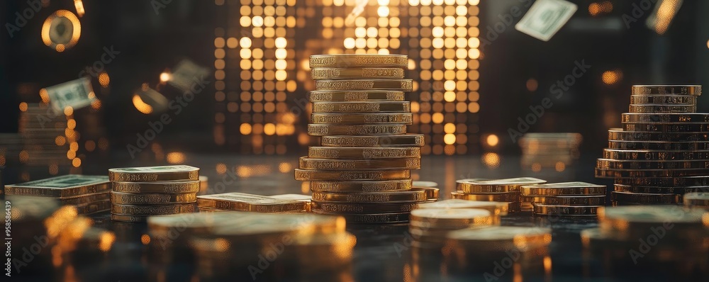 Stacks of shimmering coins surrounded by floating currency, creating a vibrant atmosphere of wealth and financial prosperity. Stacks of shimmering coins surrounded by floating currency, creating a vibrant atmosphere of wealth and financial prosperity.