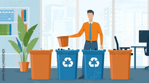 A professional man sorting waste into recycling bins in an office environment, promoting sustainability and eco-friendly practices.