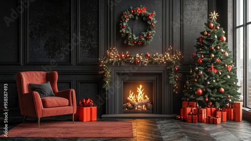 Wallpaper Mural The warm ambiance of a living room is enhanced by a fully decorated Christmas tree, stockings hanging over a crackling fireplace, and presents beautifully arranged nearby. Torontodigital.ca