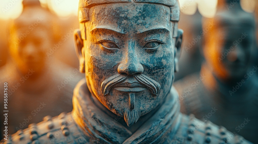 Close up of Terracotta Army Warrior Face in Golden Light Close up of Terracotta Army Warrior Face in Golden Light