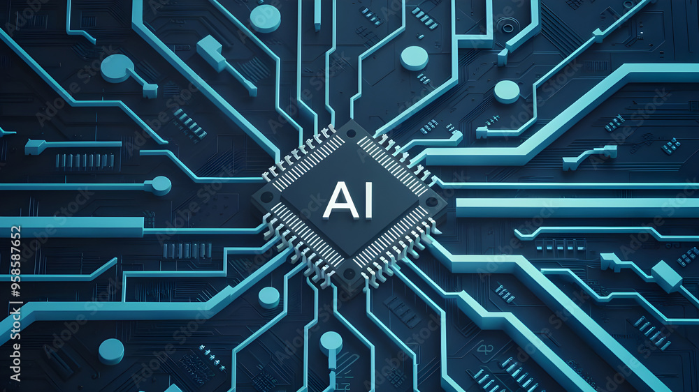 The Heart of Future Technologies Visualized Through a Circuit Board. Glowing blue ai chipset. AI chip on a circuit board. The Heart of Future Technologies Visualized Through a Circuit Board. Glowing blue ai chipset. AI chip on a circuit board.