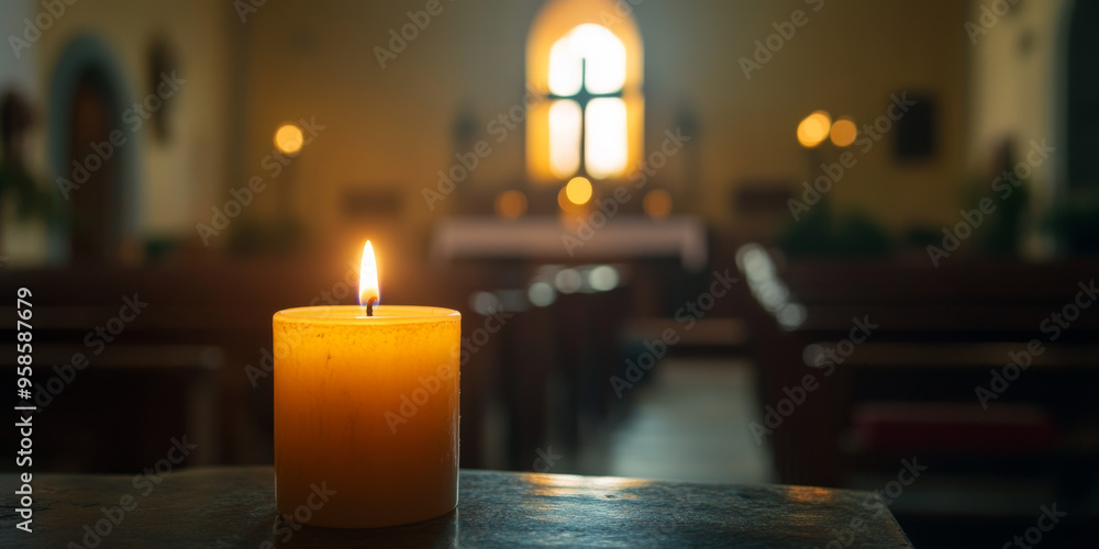 A glowing candle in the foreground of a dimly lit church interior, with a cross visible in the background, creating a peaceful and spiritual atmosphere.
A glowing candle in the foreground of a dimly lit church interior, with a cross visible in the background, creating a peaceful and spiritual atmosphere.