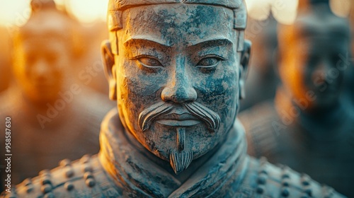 Close up of Terracotta Army Warrior Face in Golden Light photo