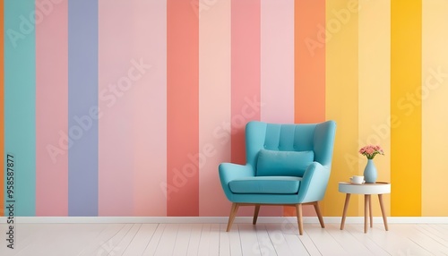 A teal blue armchair with wooden legs in front of a colorful striped wall in pastel shades of pink, orange, and yellow.