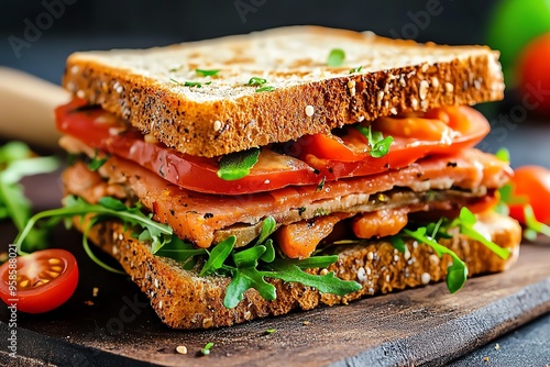 Frisches Sandwich, eingelegte Gurken, kÃ¶rniger Senf verleiht jedem Bissen einen wÃ¼rzigen Twist photo