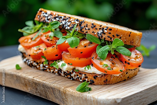 Frisches Sandwich, frische KrÃ¤uter, knusprige Gurken verleihen dem Geschmack eine erfrischende Note photo