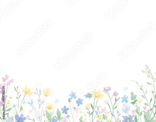 Isolated on white background, this watercolor painting illustration depicts wild meadow flowers and grass with a horizontal border of herbs and flowers. It was drawn with watercolor.