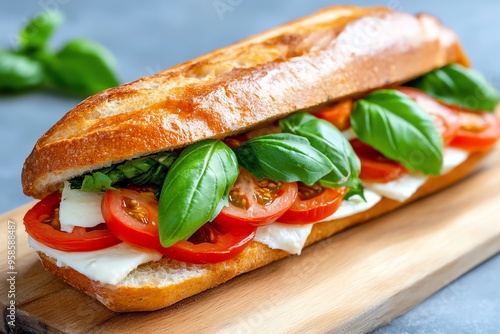 Frisches Sandwich, getrocknete Tomaten, Mozzarella, Basilikum erinnert an den Geschmack Italiens photo