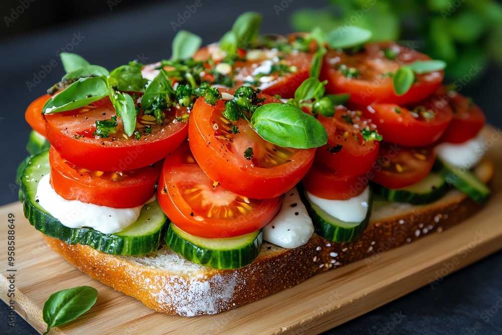 Frisches Sandwich, knusprige Salatblätter, saftige Tomaten bieten Frische und Leichtigkeit Frisches Sandwich, knusprige Salatblätter, saftige Tomaten bieten Frische und Leichtigkeit
