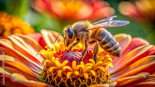 Close-up of a bee collecting nectar from a blooming flower, highlighting the importance of pesticide-free farming photo