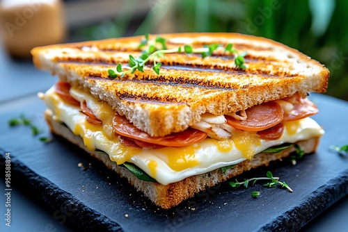 Frisches Sandwich, saftiger Pfirsich, Brie-KÃ¤se schafft eine sÃ¼ÃŸ-herzhafte Geschmackskombination photo