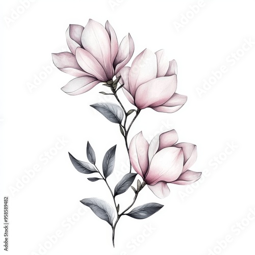 Magnolia branch in bloom. Watercolor illustration.