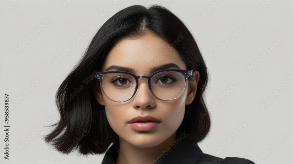 An attractive woman with black hair wearing glasses isolated on a white background An attractive woman with black hair wearing glasses isolated on a white background