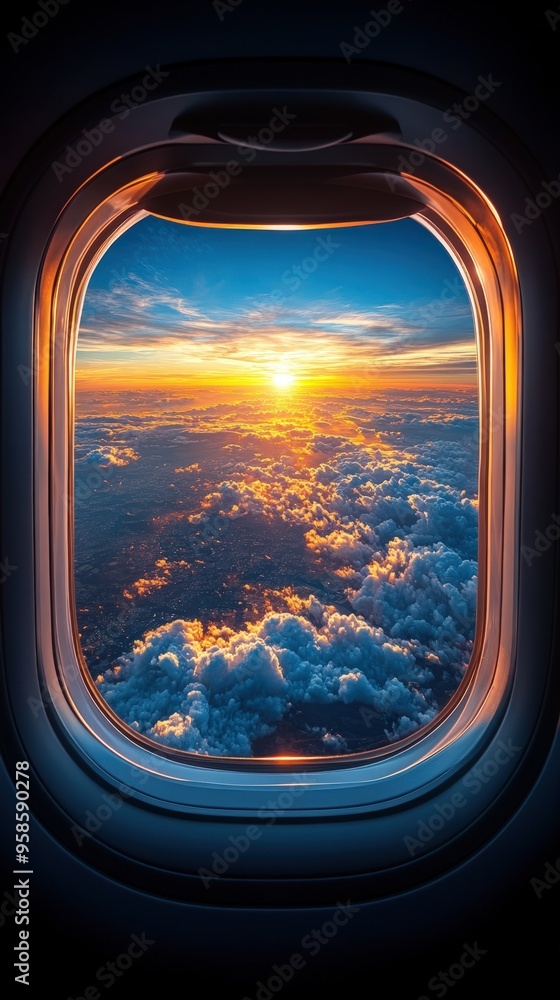 Fototapeta premium A stunning sunset view from an airplane window, showcasing vibrant colors and clouds.