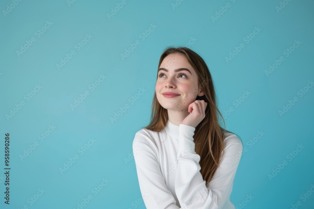 Young caucasian woman thinking an idea smile while look to other side photo head photography. Young caucasian woman thinking an idea smile while look to other side photo head photography.