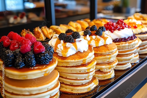 Gluttony, stacks of pancakes, rivers of syrup create a breakfast scene of overwhelming indulgence