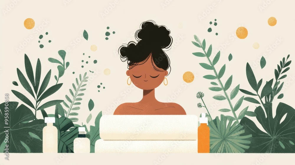 Woman Relaxing in Spa with Tropical Plants and Products Woman Relaxing in Spa with Tropical Plants and Products