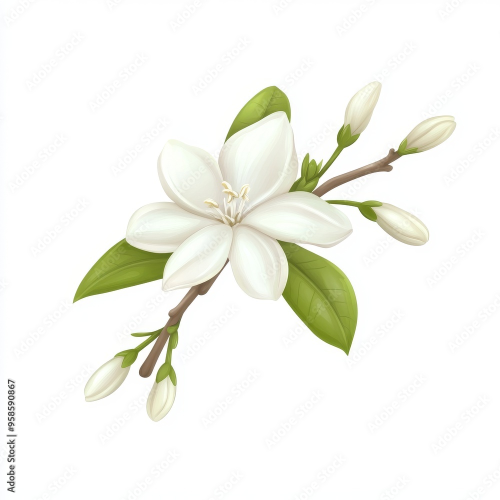 Greeting watercolor illustration of jasmine leaves and buds on white background for international women's day and other occasions Greeting watercolor illustration of jasmine leaves and buds on white background for international women's day and other occasions