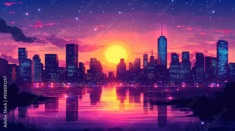 Sunset Skyline Over a City Reflecting in a Still Lake Sunset Skyline Over a City Reflecting in a Still Lake