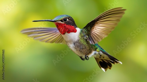 Ruby throated Hummingbird in Flight with Green Background photo