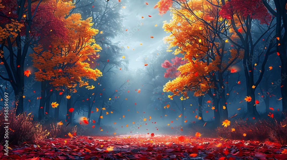 Obraz premium Autumn forest with falling leaves