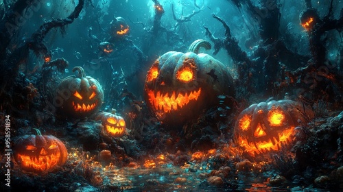 Halloween Jack O Lantern Forest with Glowing Eyes