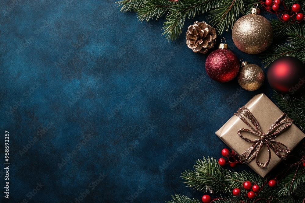Christmas Gift with Pine Branches and Ornaments on Blue Background Christmas Gift with Pine Branches and Ornaments on Blue Background