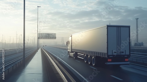 Freight Truck Traversing Urban Highway Bridge Under Cloudy Sky