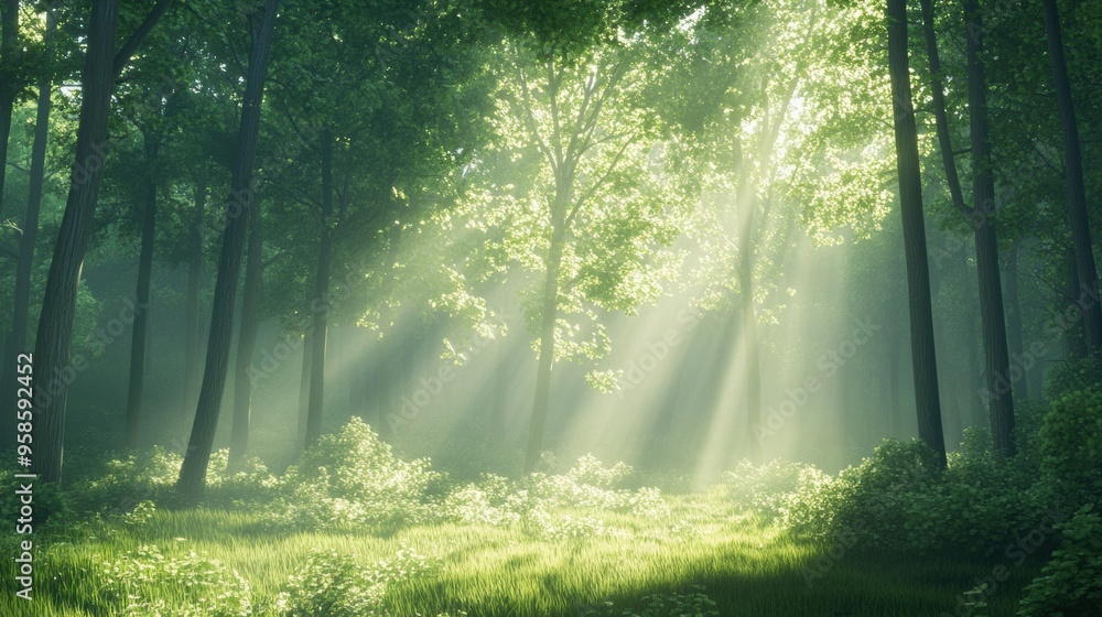 Enchanting Sunlit Forest Oasis with Ethereal Lighting Enchanting Sunlit Forest Oasis with Ethereal Lighting
