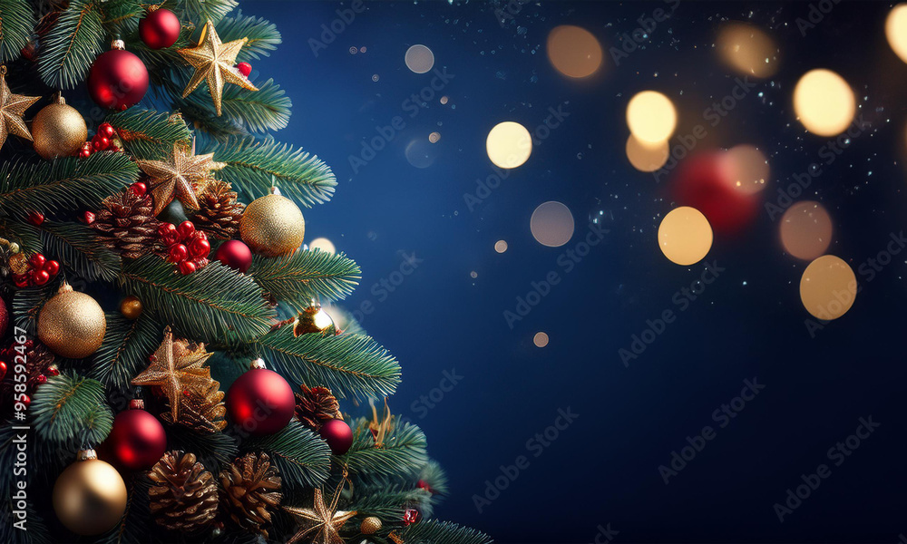 Christmas Tree with Gold and Red Ornaments on Blue Background Christmas Tree with Gold and Red Ornaments on Blue Background