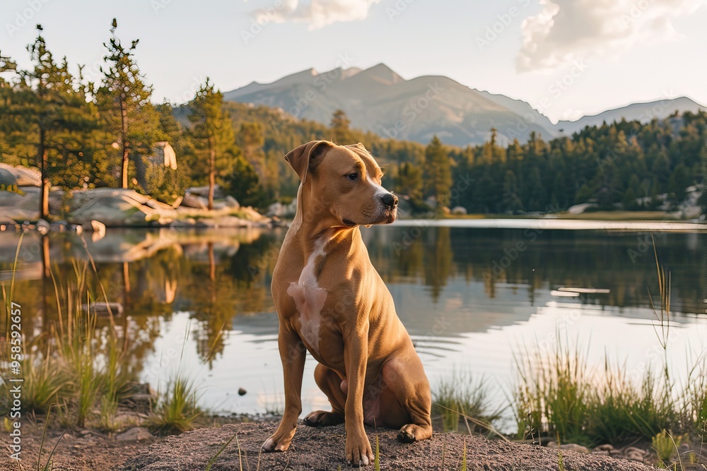 brown pitbull dog sitting on shore of lake in park with mountain on background brown pitbull dog sitting on shore of lake in park with mountain on background
