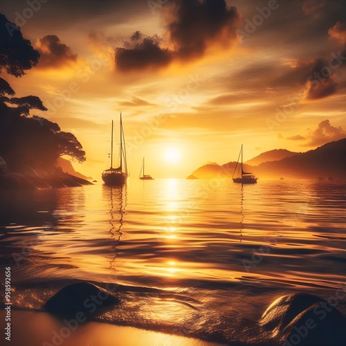 Golden Sunset over a Calm Ocean with Silhouetted Sailboats