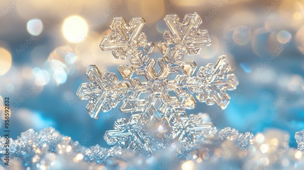 Close Up of a Sparkling Snowflake with Bokeh Background Close Up of a Sparkling Snowflake with Bokeh Background