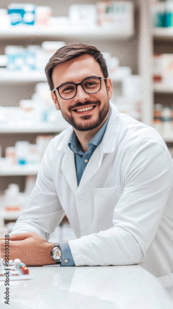 Smiling Pharmacist in Modern Pharmacy Smiling Pharmacist in Modern Pharmacy