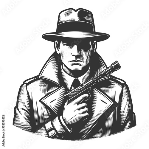 mysterious noir-style detective in a trench coat and fedora holding a gun, classic crime drama themes sketch engraving generative ai vector illustration. Scratch board imitation. Black and white image
