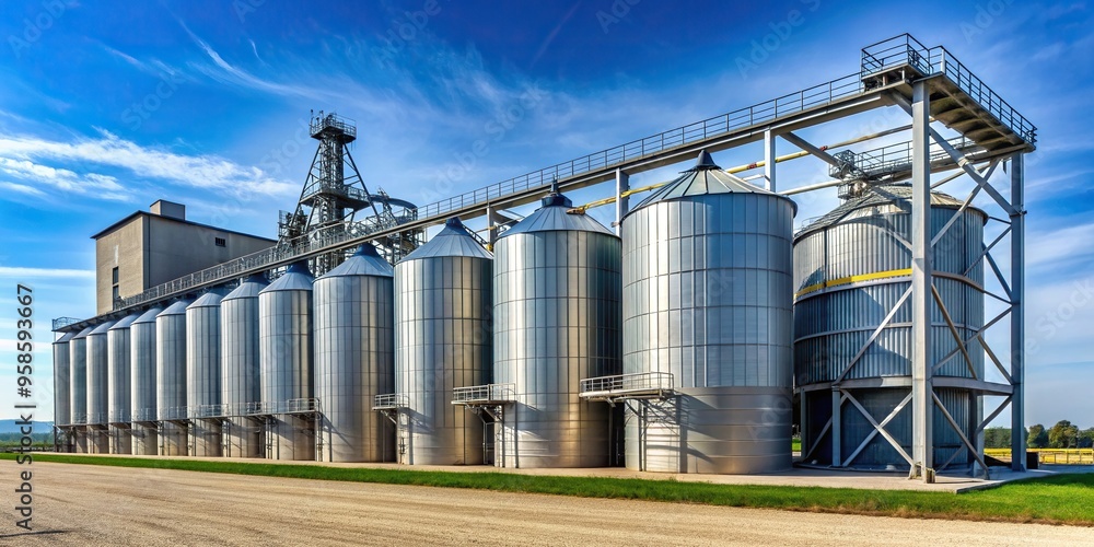 Fototapeta premium A medium shot of a modern plant used for the drying and storage of grain, crop, facility, modern, industrial, processing, silo, agriculture, harvest, production, plant, machinery,grain