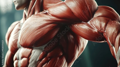 A detailed depiction of human muscle anatomy, showcasing the complexity and structure of muscular fibers in a dynamic pose.