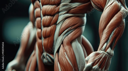 Detailed close-up of an anatomical model showcasing muscle structure and definition for educational and artistic purposes.