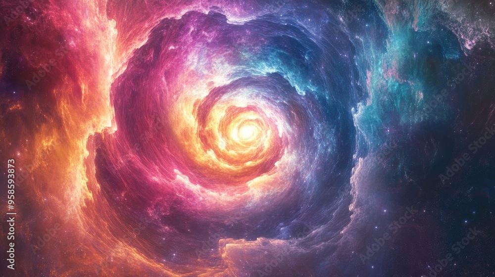 A swirling nebula in deep space with vibrant colors and a bright light at its center A swirling nebula in deep space with vibrant colors and a bright light at its center
