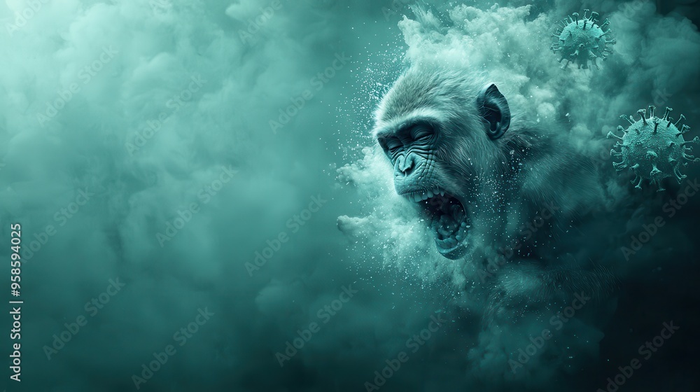 Angry monkey surrounded by virus particles in a cloud of smoke symbolizing the aggressive spread of viral diseases like monkeypox Angry monkey surrounded by virus particles in a cloud of smoke symbolizing the aggressive spread of viral diseases like monkeypox