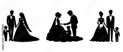 Wedding couple with child. Wedding silhouette black filled vector Illustration icon.