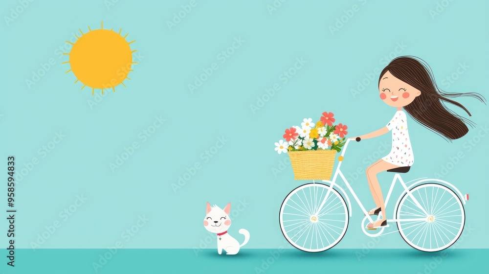 Young girl riding a bicycle with a basket full of flowers and a cute dog, sunny day, bright and cheerful cartoon Young girl riding a bicycle with a basket full of flowers and a cute dog, sunny day, bright and cheerful cartoon