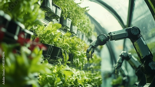 Robotic Arm Tending Plants in Greenhouse
