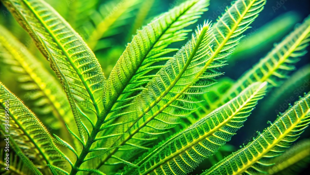 Close up shot of a waterweed Elodea leaf structure under a microscope a popular choice as a freshwater aquarium decorative plant highlighting the intricate arrangement and features Close up shot of a waterweed Elodea leaf structure under a microscope a popular choice as a freshwater aquarium decorative plant highlighting the intricate arrangement and features
