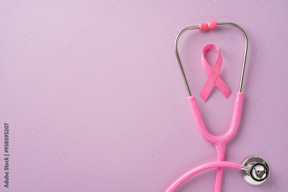 Pink stethoscope and pink ribbon symbolizing breast cancer awareness on a soft pink background, representing health care and support Pink stethoscope and pink ribbon symbolizing breast cancer awareness on a soft pink background, representing health care and support