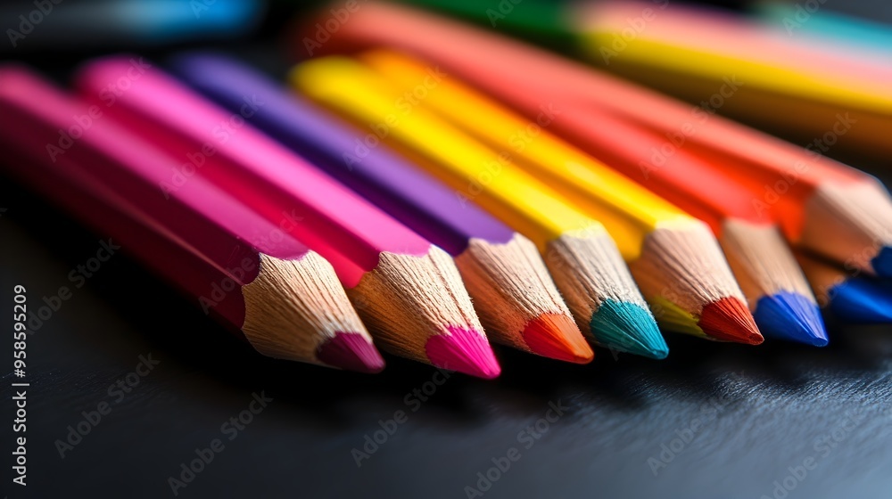 Colorful Wooden Pencils Arranged in a Row on a Dark Background Colorful Wooden Pencils Arranged in a Row on a Dark Background